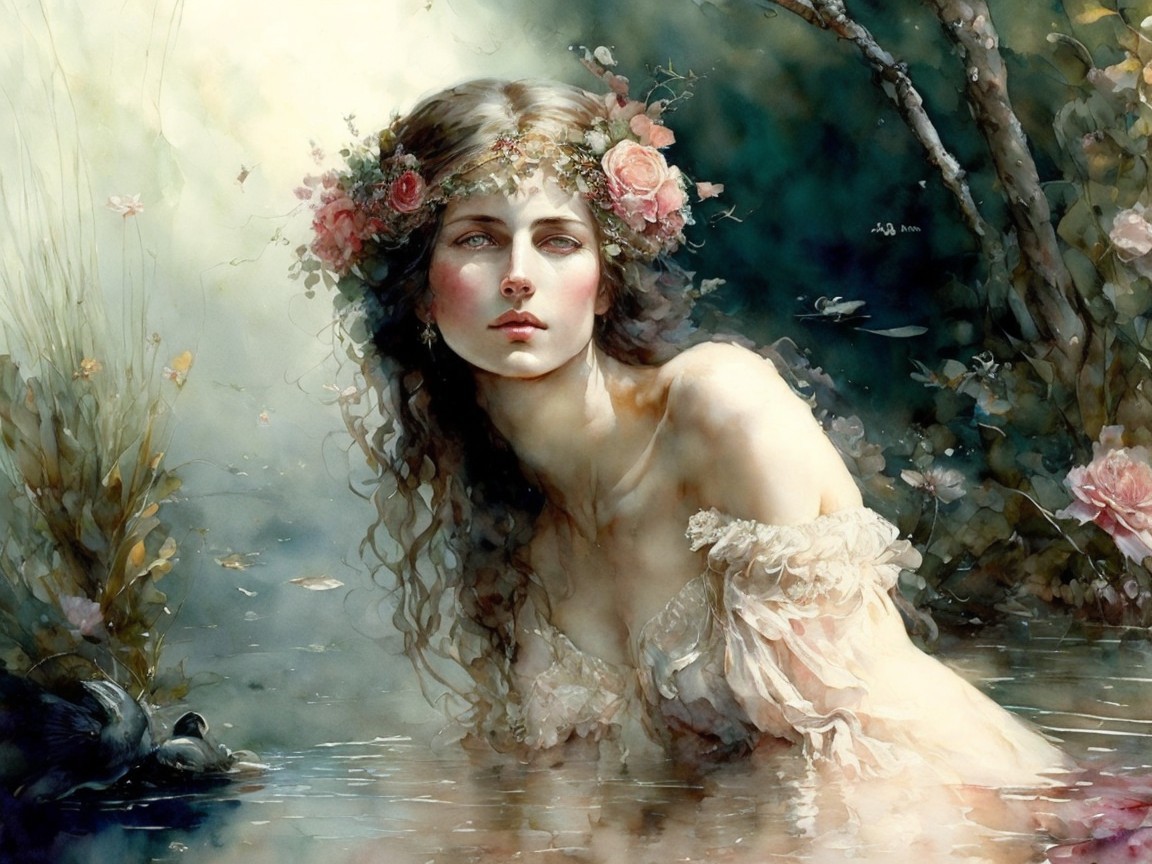 Young Woman in Tranquil Water Surrounded by Nature