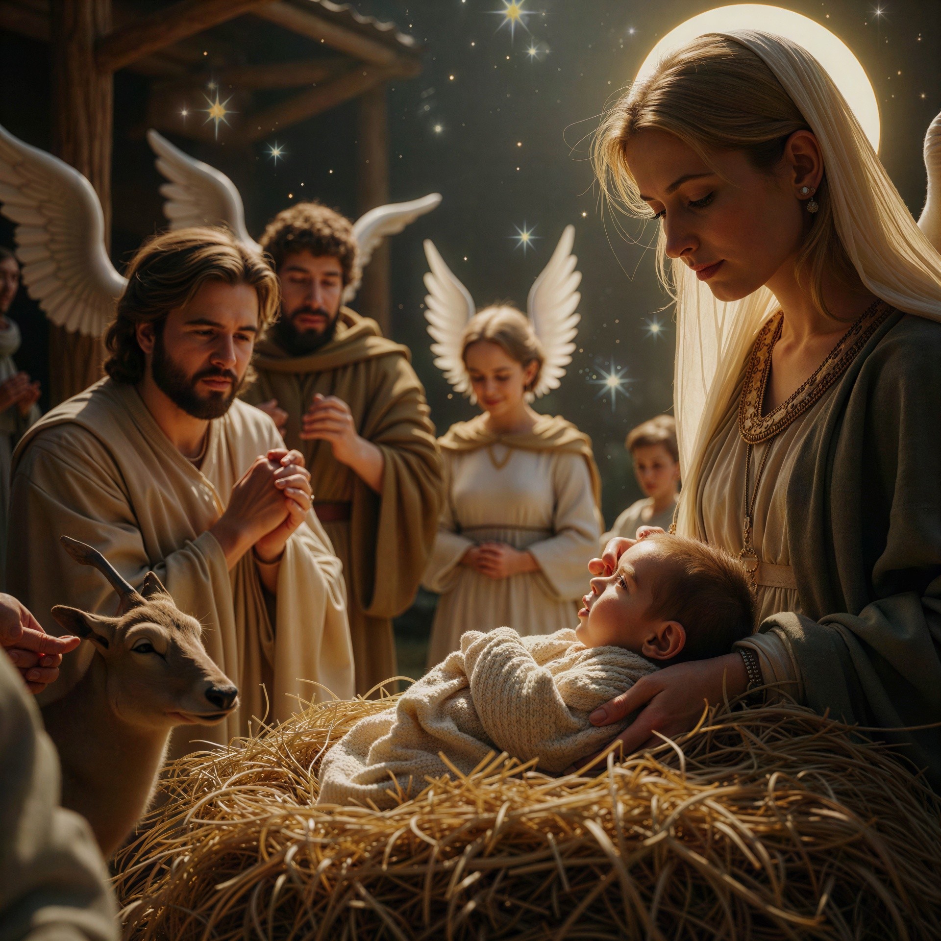 Nativity Scene Featuring Mary, Joseph, and Angels