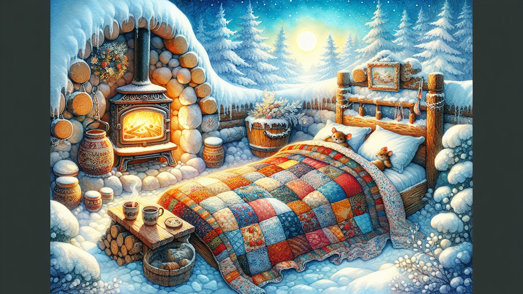 Cozy Winter Bedroom with Fireplace and Snowy Landscape