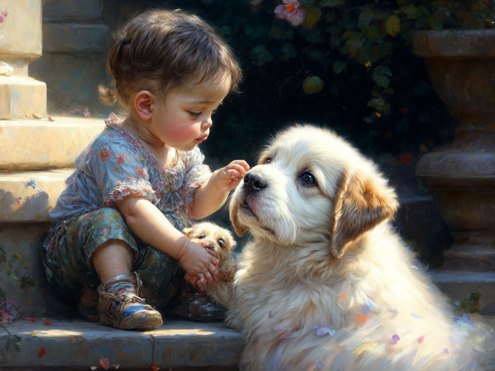 Toddler and Golden Retriever in a Sunlit Garden