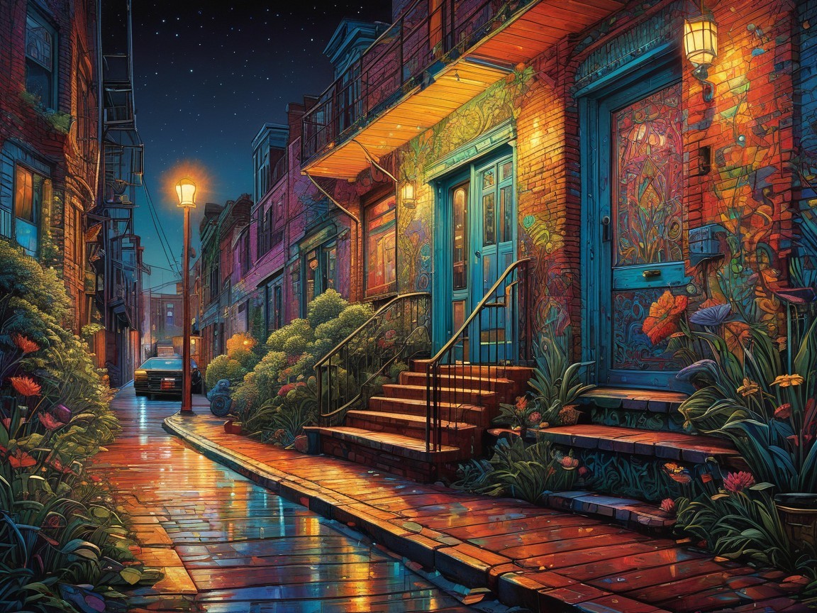 Moonlit Alleyway with Colorful Murals and Greenery