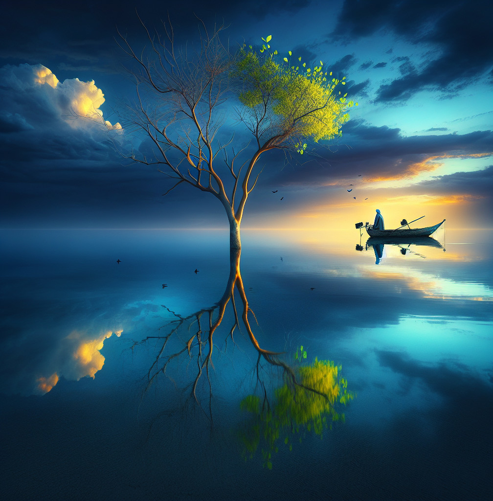 Serene landscape with boatman and tranquil waters