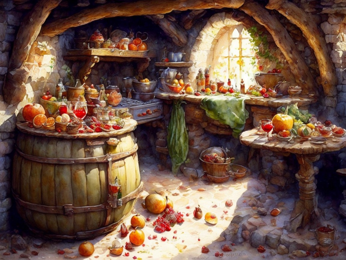 Cozy Rustic Kitchen with Colorful Fruits and Spices