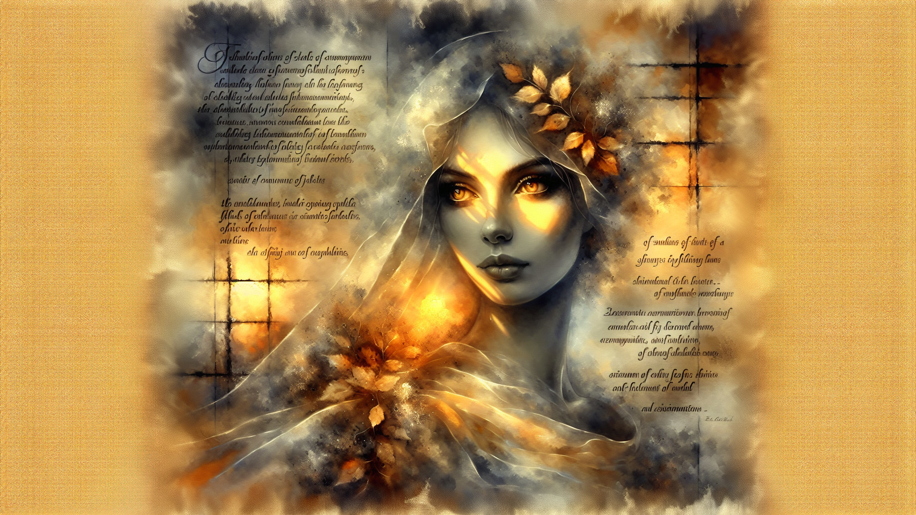 Serene Woman with Autumn Leaves and Abstract Background