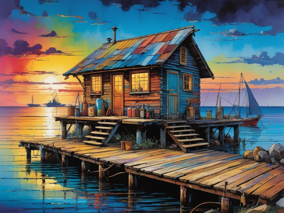 Colorful Wooden Cabin on Pier at Sunset Over Water