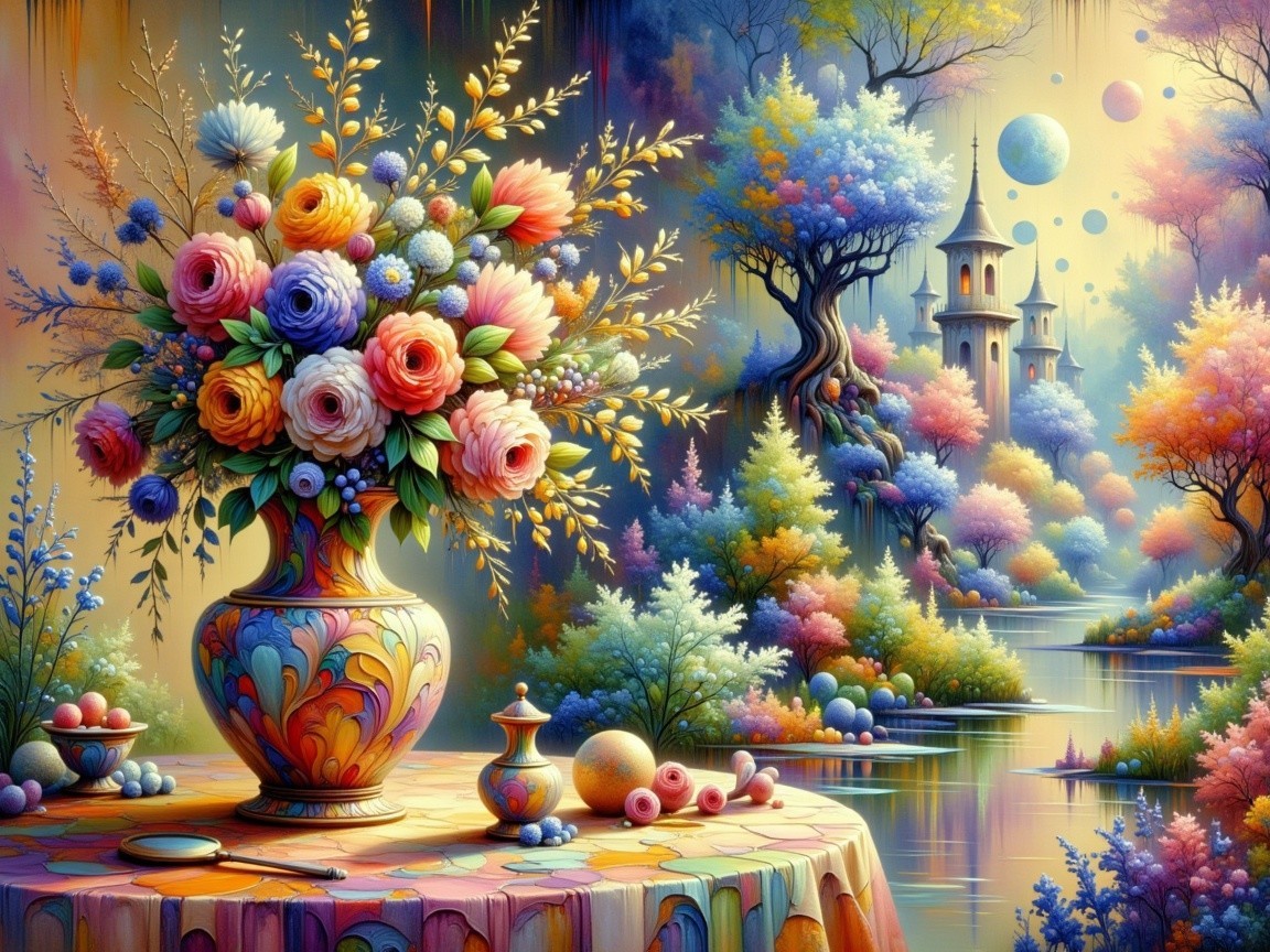 Colorful Bouquet in Intricate Vase with Dreamy Landscape