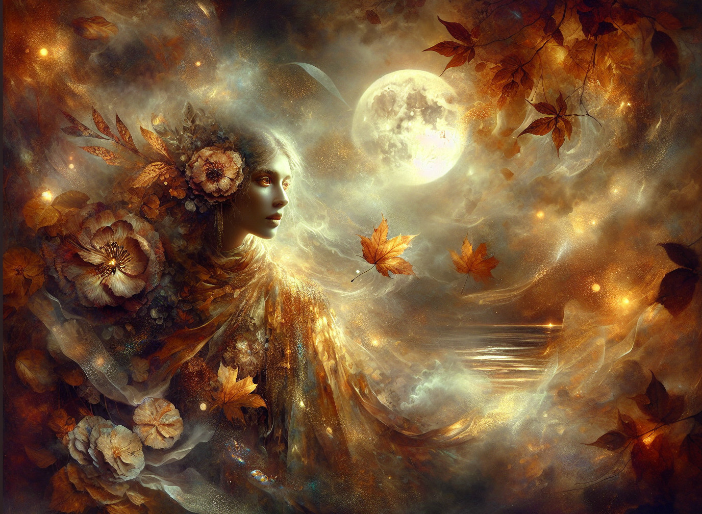 Ethereal Figure Surrounded by Autumn Leaves and Moonlight