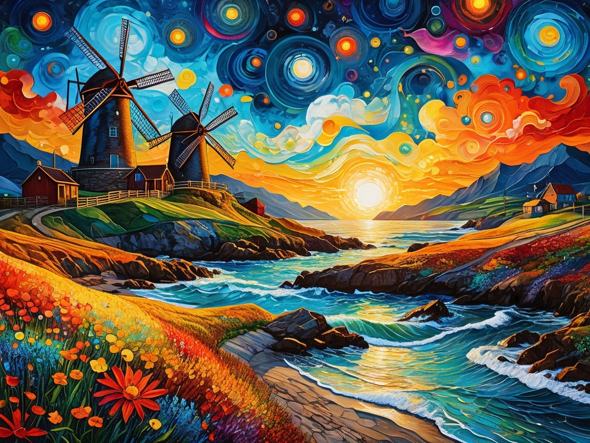 Vibrant Landscape with Windmills and Colorful Fields