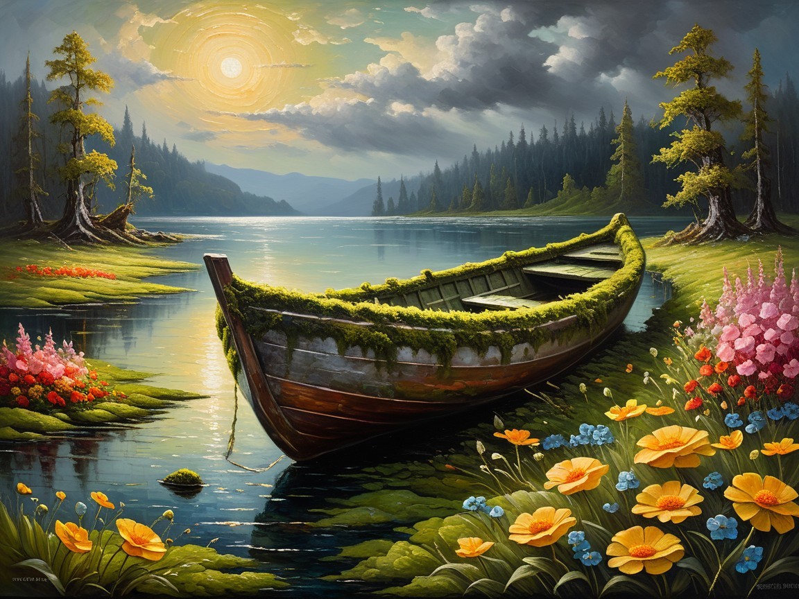 Serene Landscape with Rustic Boat and Vibrant Flowers