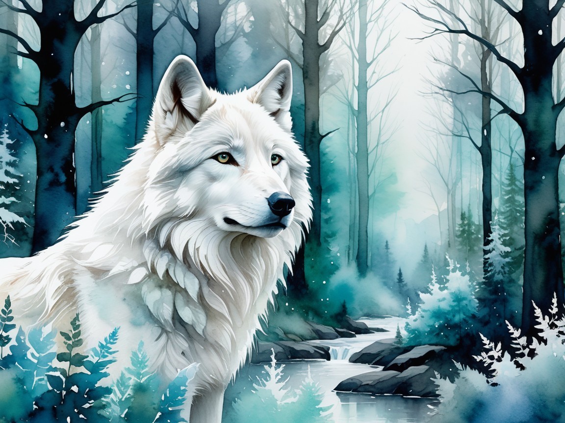 Majestic white wolf in a serene forest setting