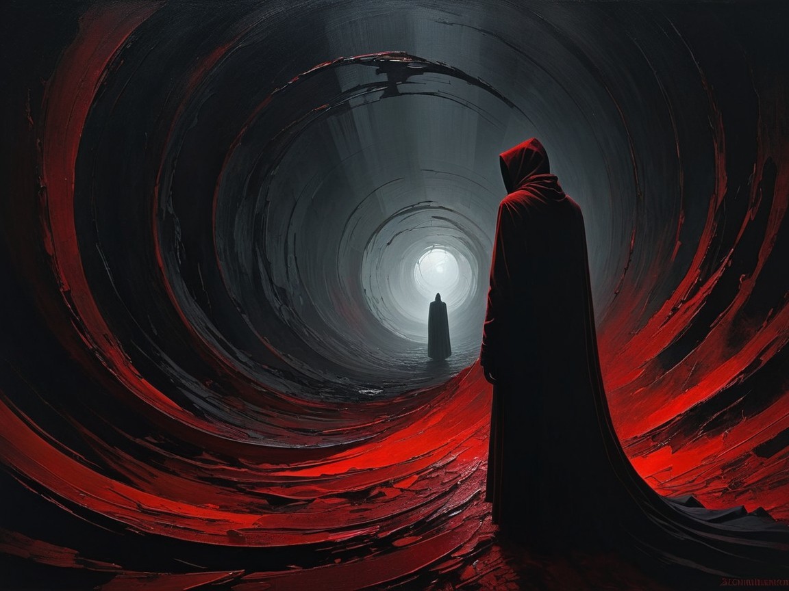 Cloaked Figures in a Dark Tunnel with Glowing Light
