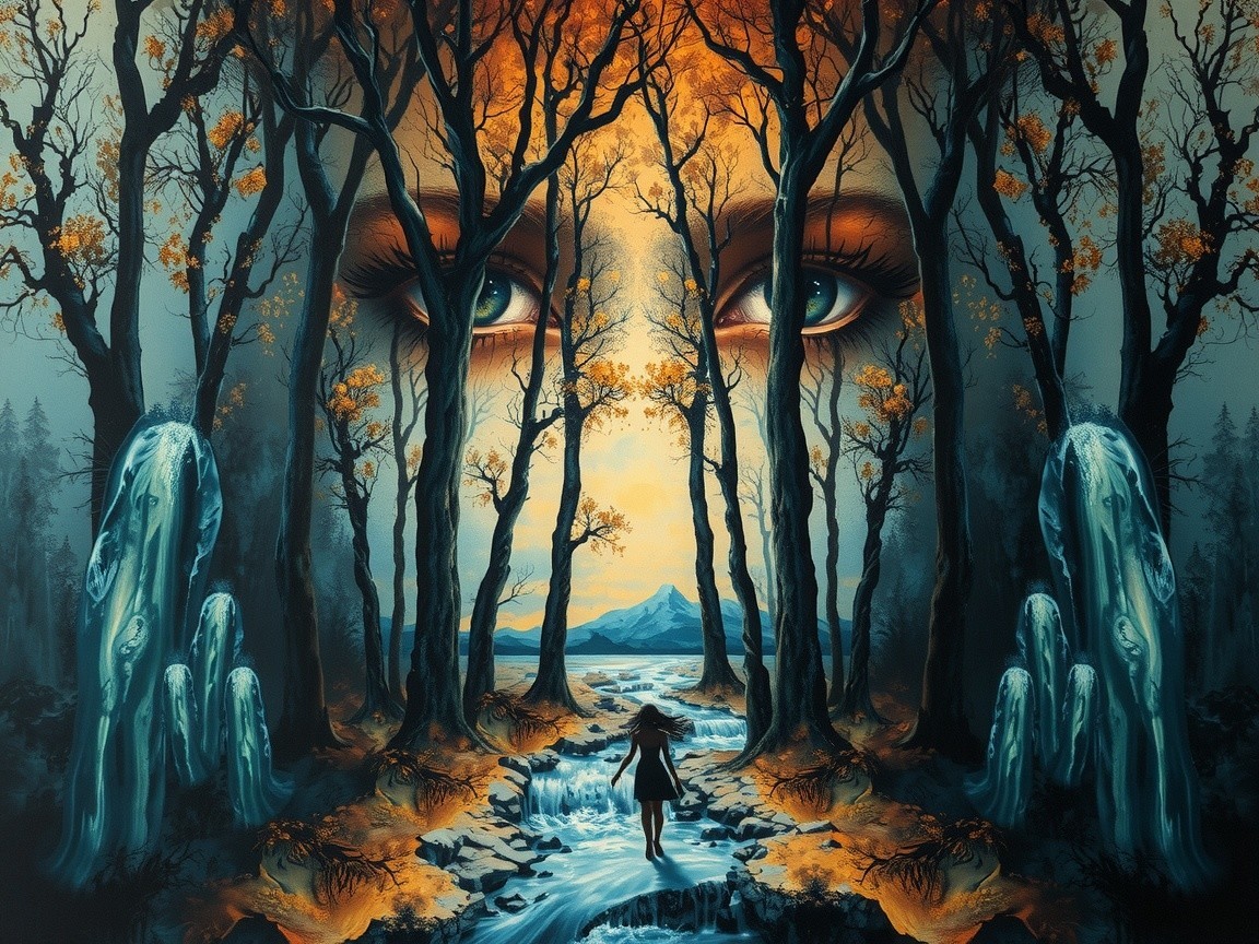 Mystical forest scene with giant face and serene stream