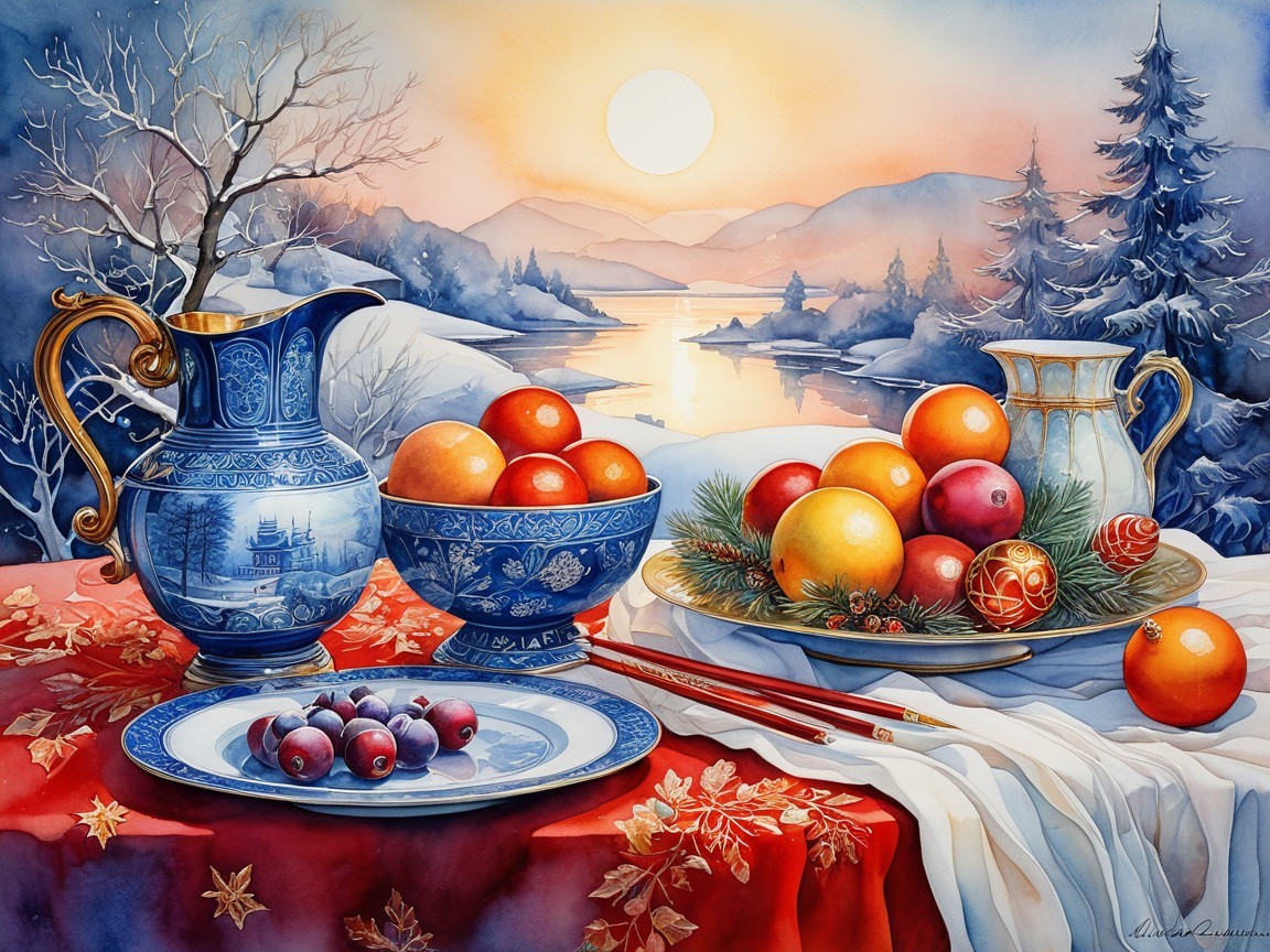 Serene Winter Scene with Blue-and-White Ceramics
