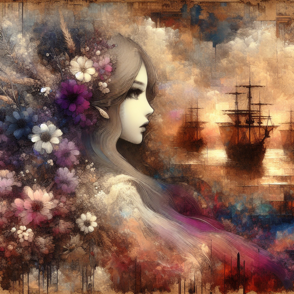 Serene Female Figure with Floral Adornments and Ships