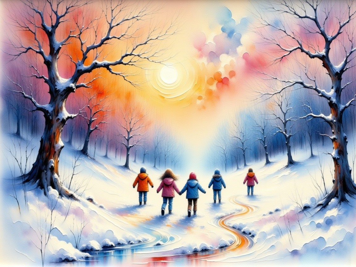Children Walking in a Snowy Winter Landscape