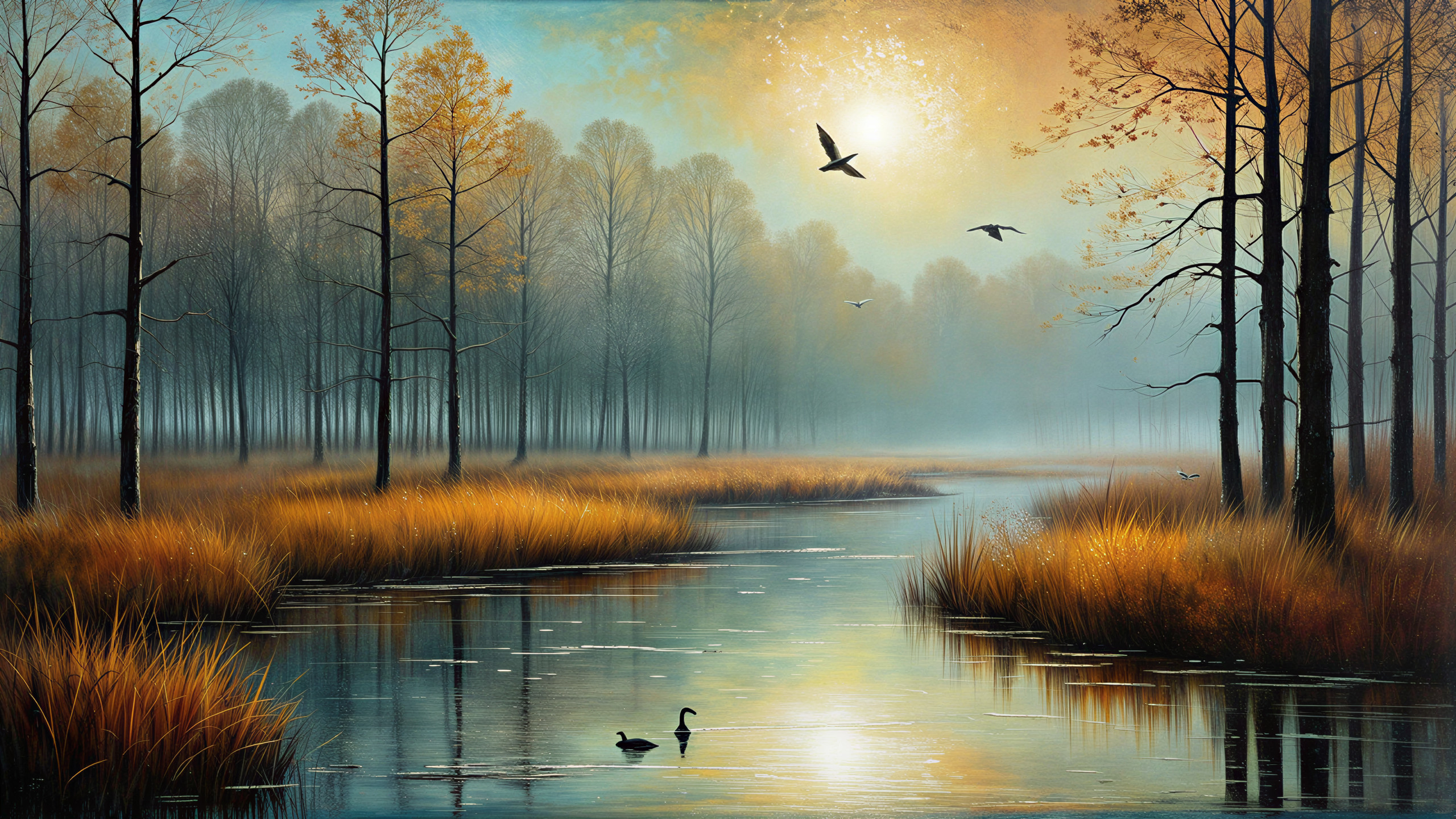 Serene Autumn Landscape with River and Golden Foliage