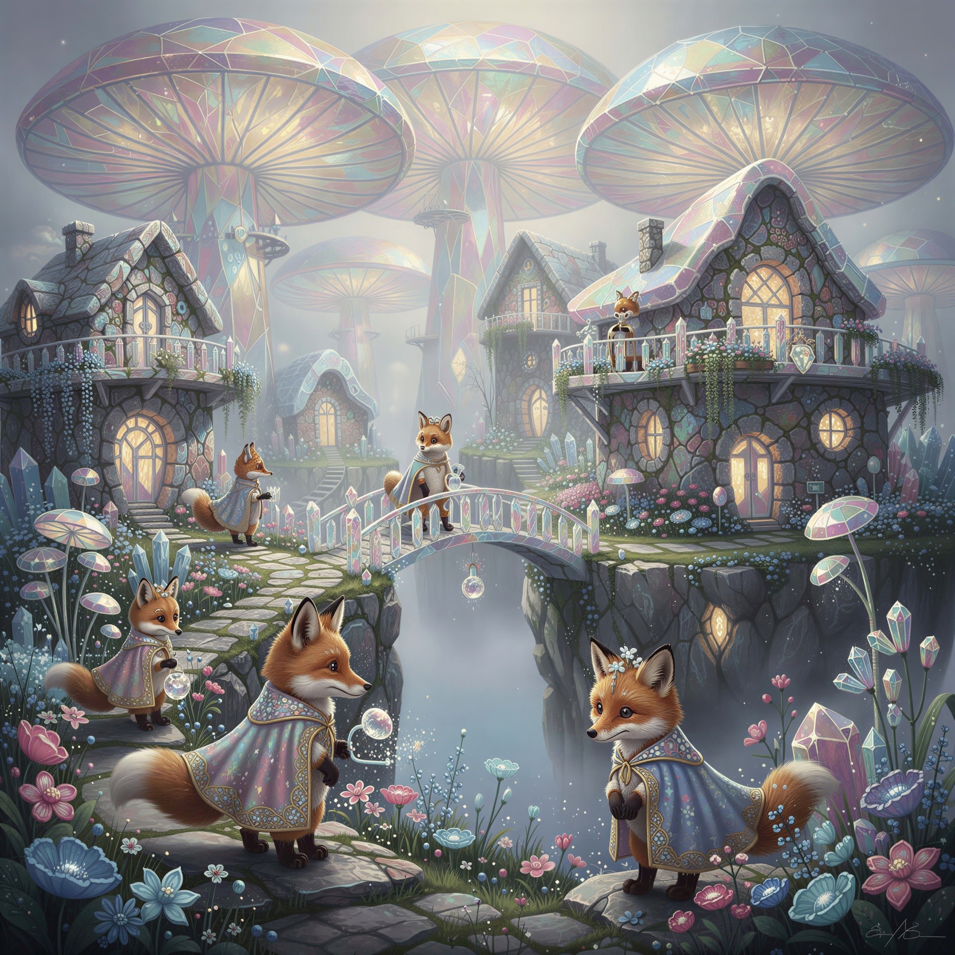 Fantasy Village of Anthropomorphic Foxes Among Mushrooms