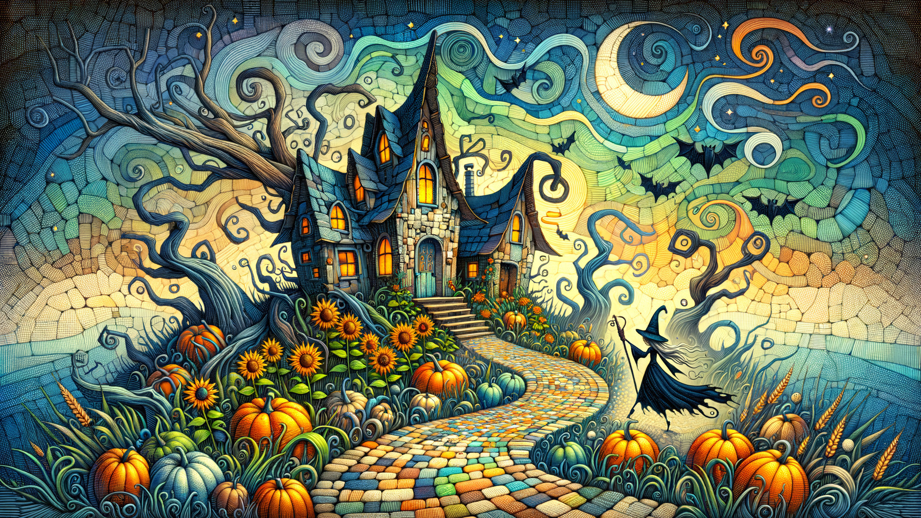 Colorful Halloween Scene with Mysterious House