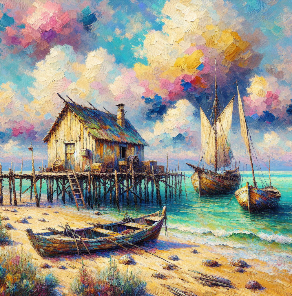 Serene Seaside Landscape with Pier and Cottage