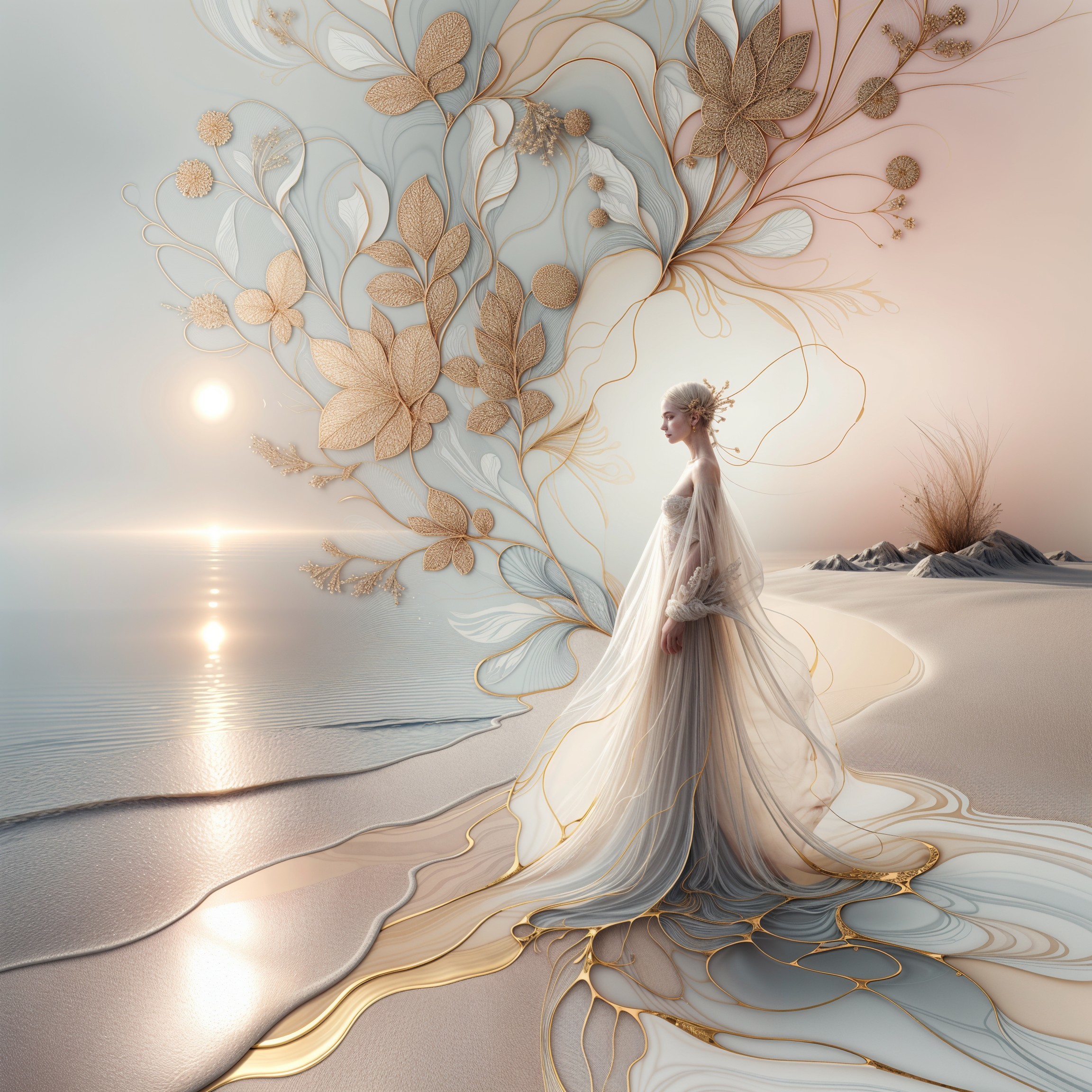Coastal Scene with Ethereal Figure and Sunset Colors