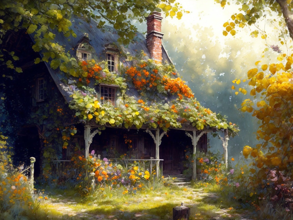 Charming Cottage Surrounded by Vibrant Garden Blooms