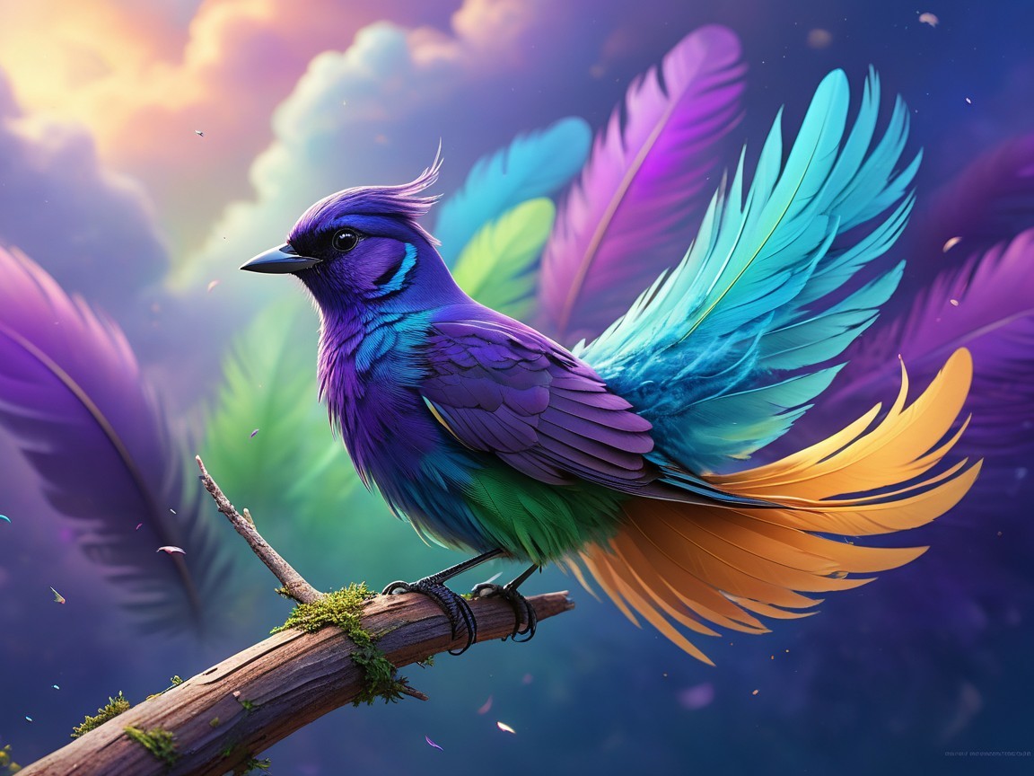 Vibrant Multicolored Bird on Moss-Covered Branch