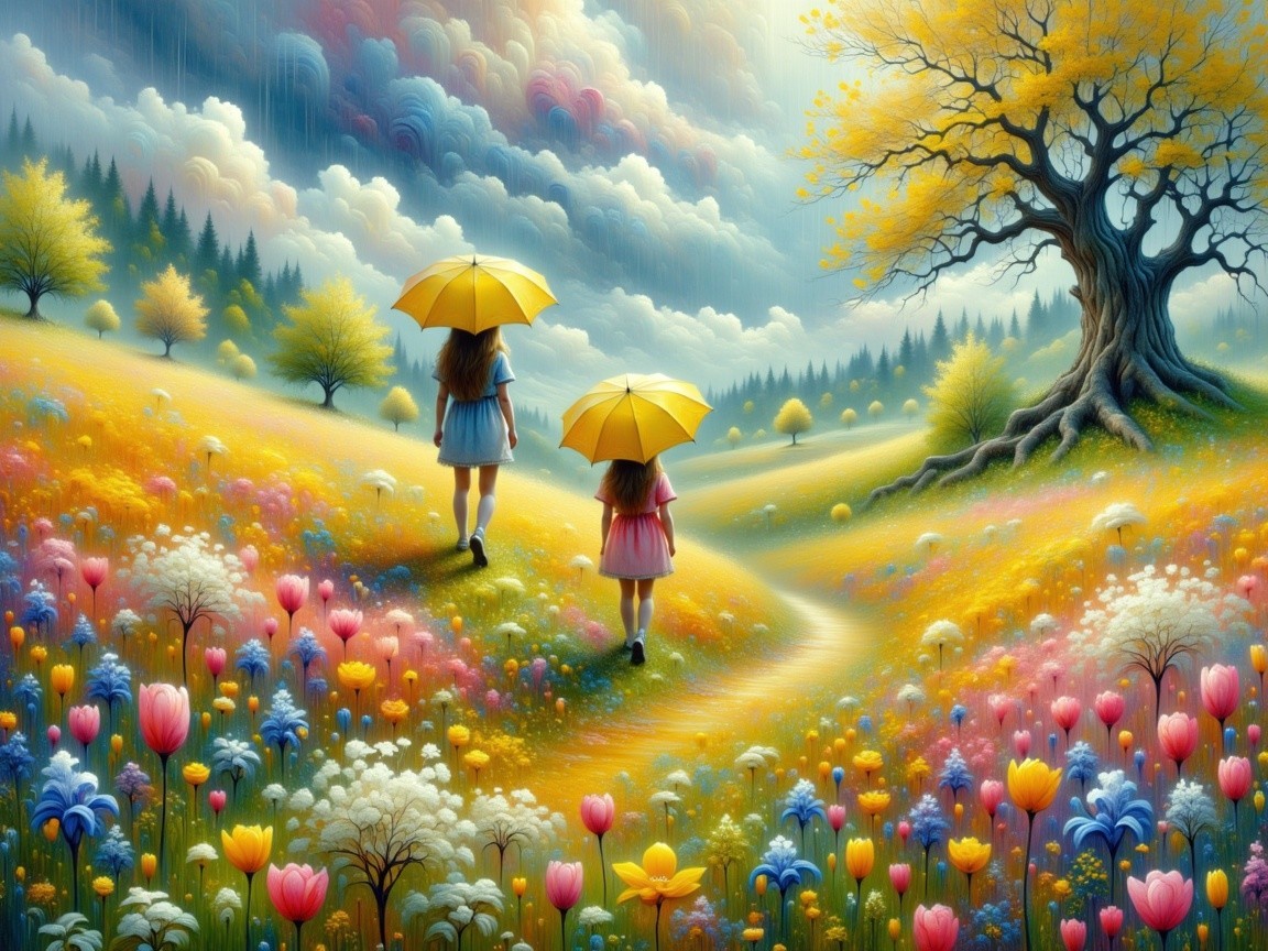 Two Girls with Yellow Umbrellas in Colorful Meadow