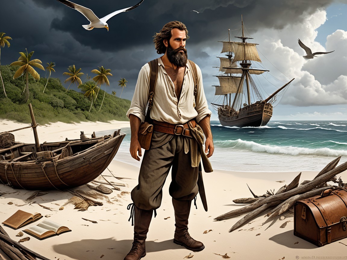 Rugged Pirate on Beach with Stormy Skies and Treasures