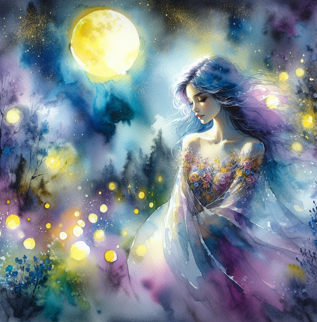 Vibrant Watercolor of Serene Woman in Ethereal Setting