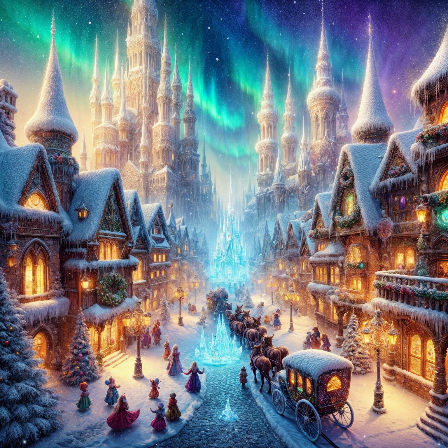 Magical Winter Wonderland with Snowy Village Scene