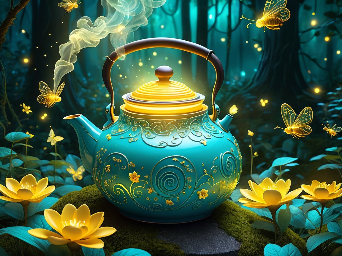 Vibrant Blue Teapot in a Magical Forest Setting