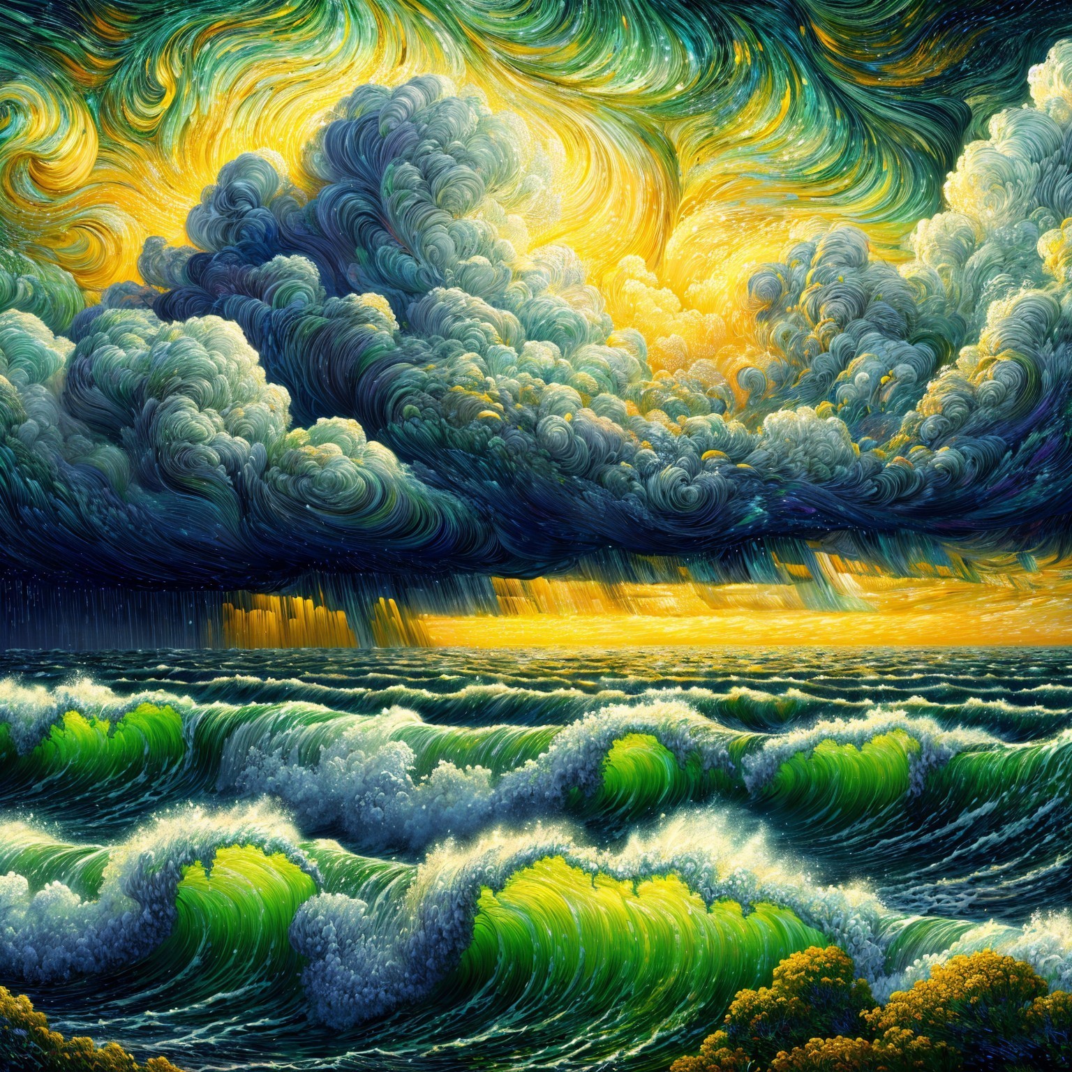 Dynamic Clouds and Golden Light Over Turbulent Waves