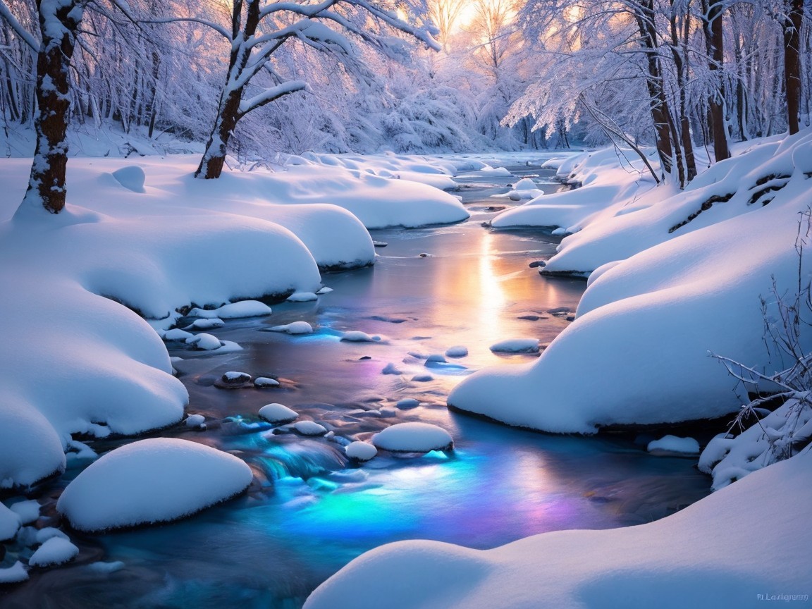 Serene Winter Landscape with Gentle Stream and Snow