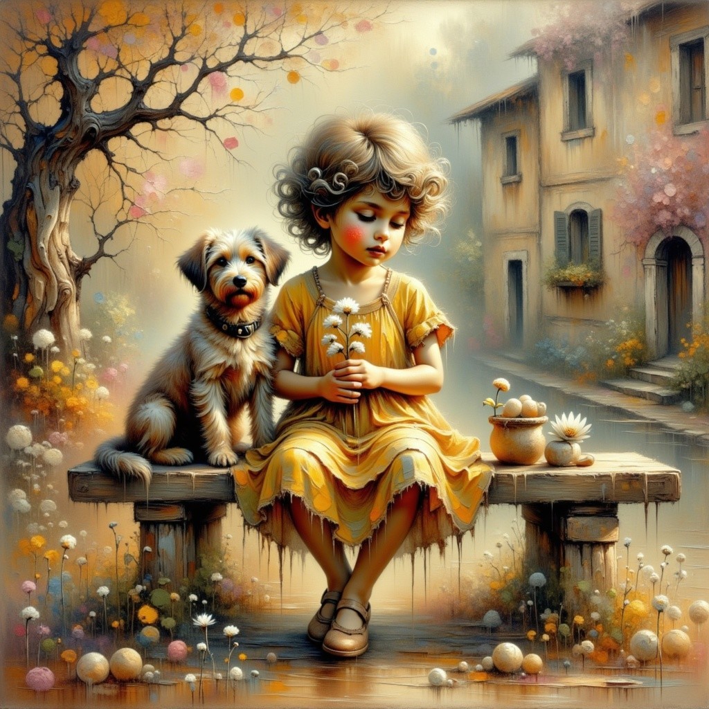 Young girl with flowers and dog in autumn setting