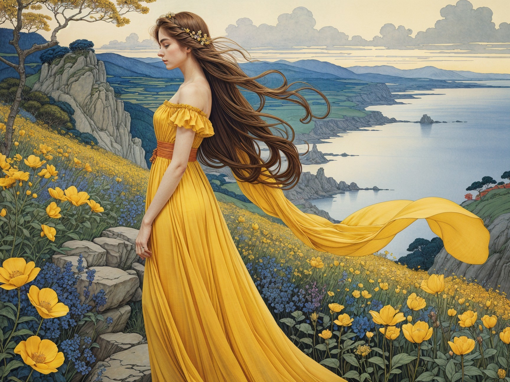 Young Woman in Yellow Dress in Serene Landscape
