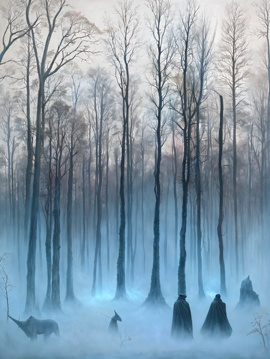 Mysterious Fog-Drenched Forest with Cloaked Figures