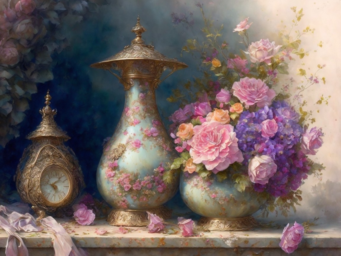 Still Life with Ornate Vases and Vintage Clock