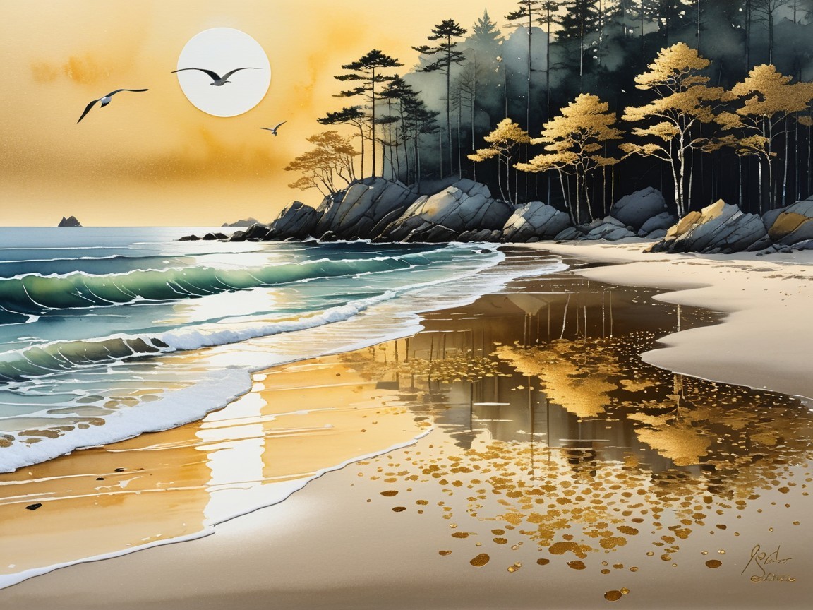 Serene Beach at Sunset with Golden Sands and Waves