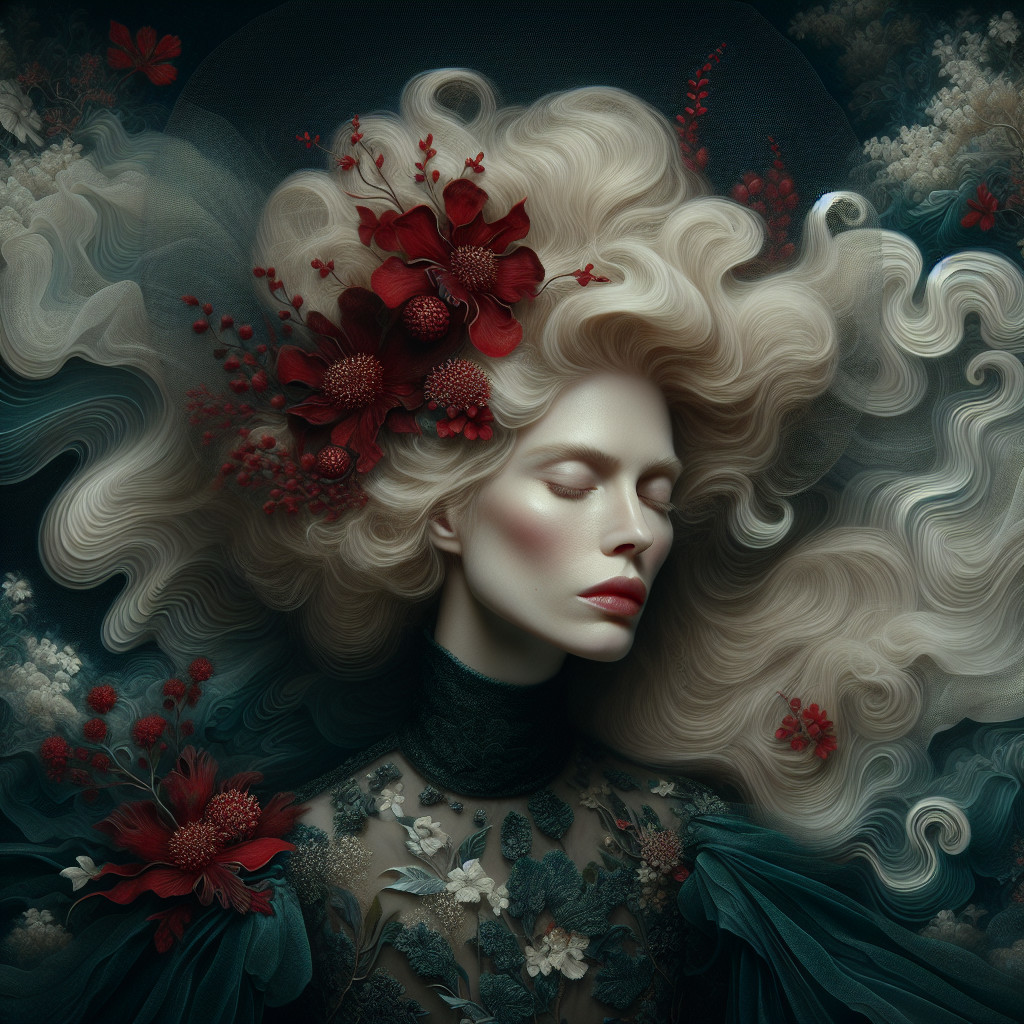 Woman with voluminous hair and red flowers in gown