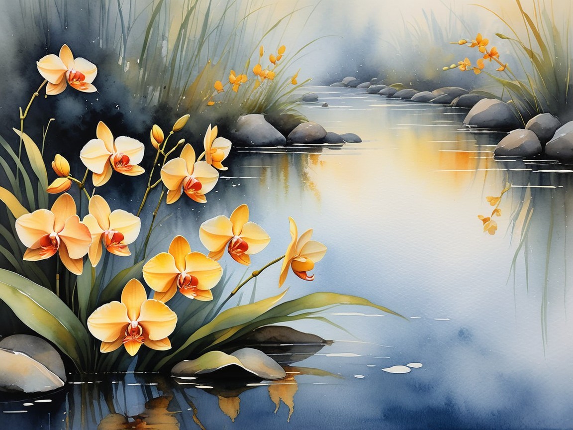 Vibrant Yellow Orchids by a Serene Stream Scene