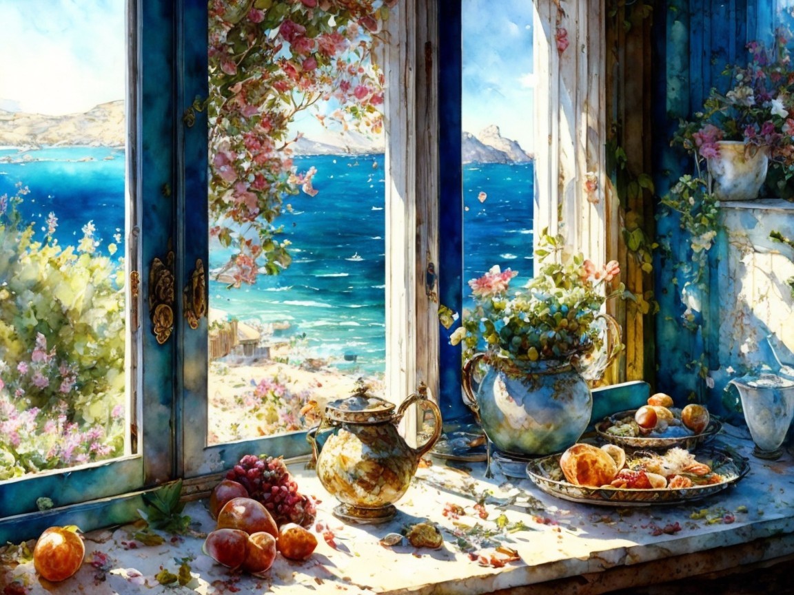 Coastal Scene with Window, Table, and Blossoms