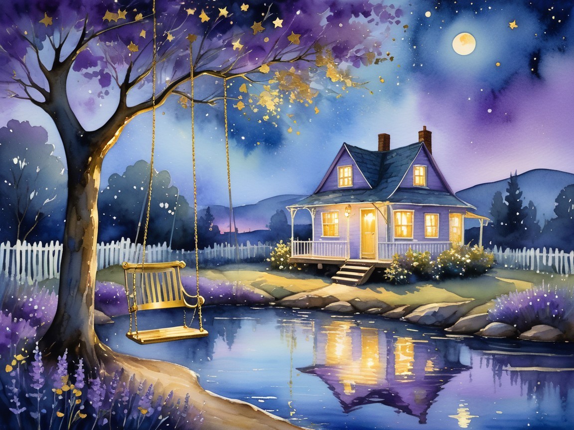 Charming House by Tranquil Pond Under Starry Sky