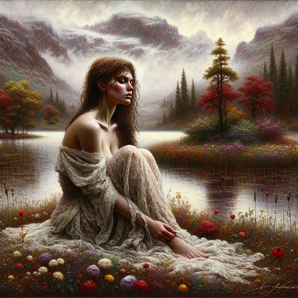 Serene Woman by Tranquil Lake in Autumn Foliage