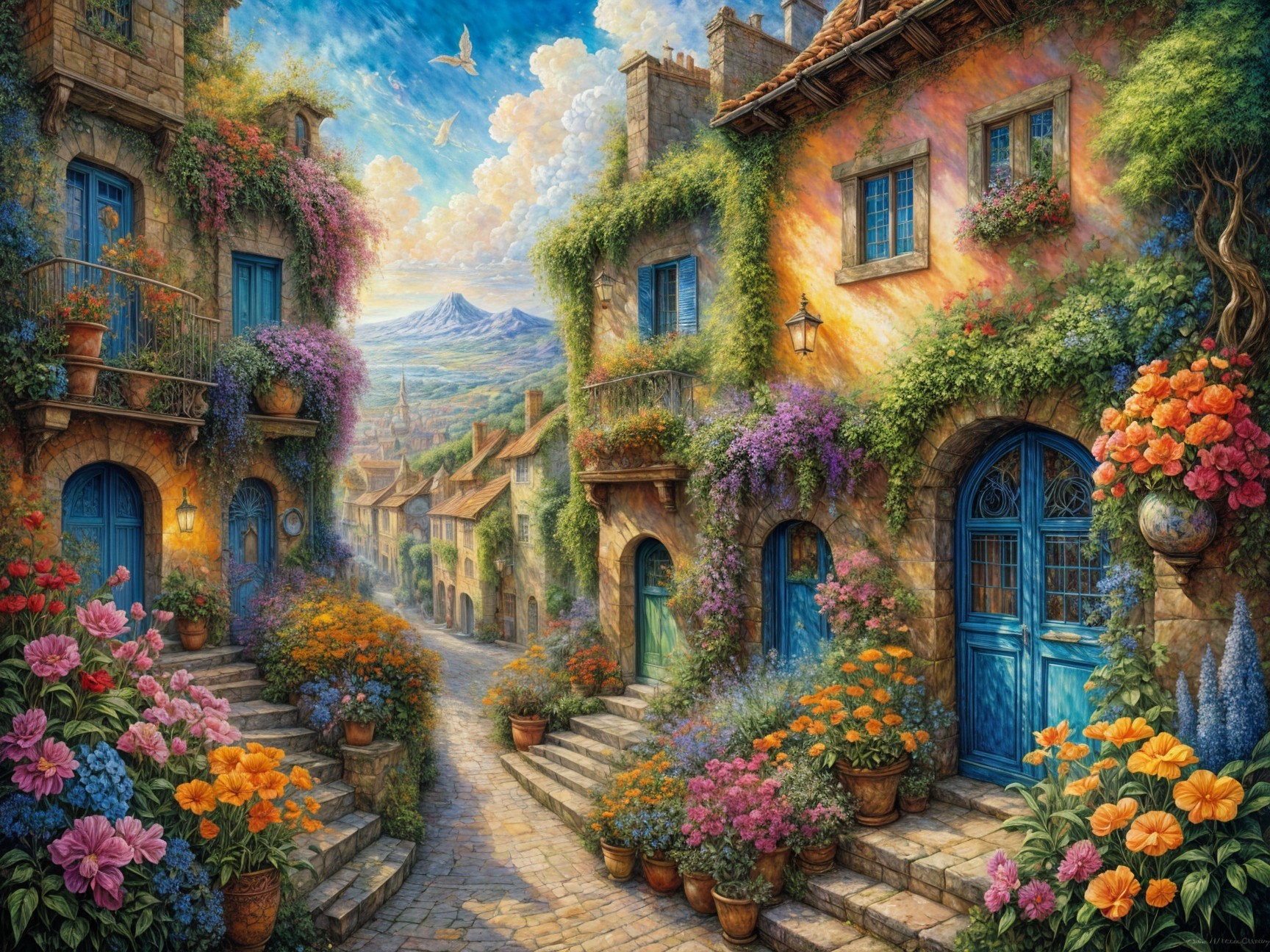 Charming Village Street with Flowers and Scenic Hills