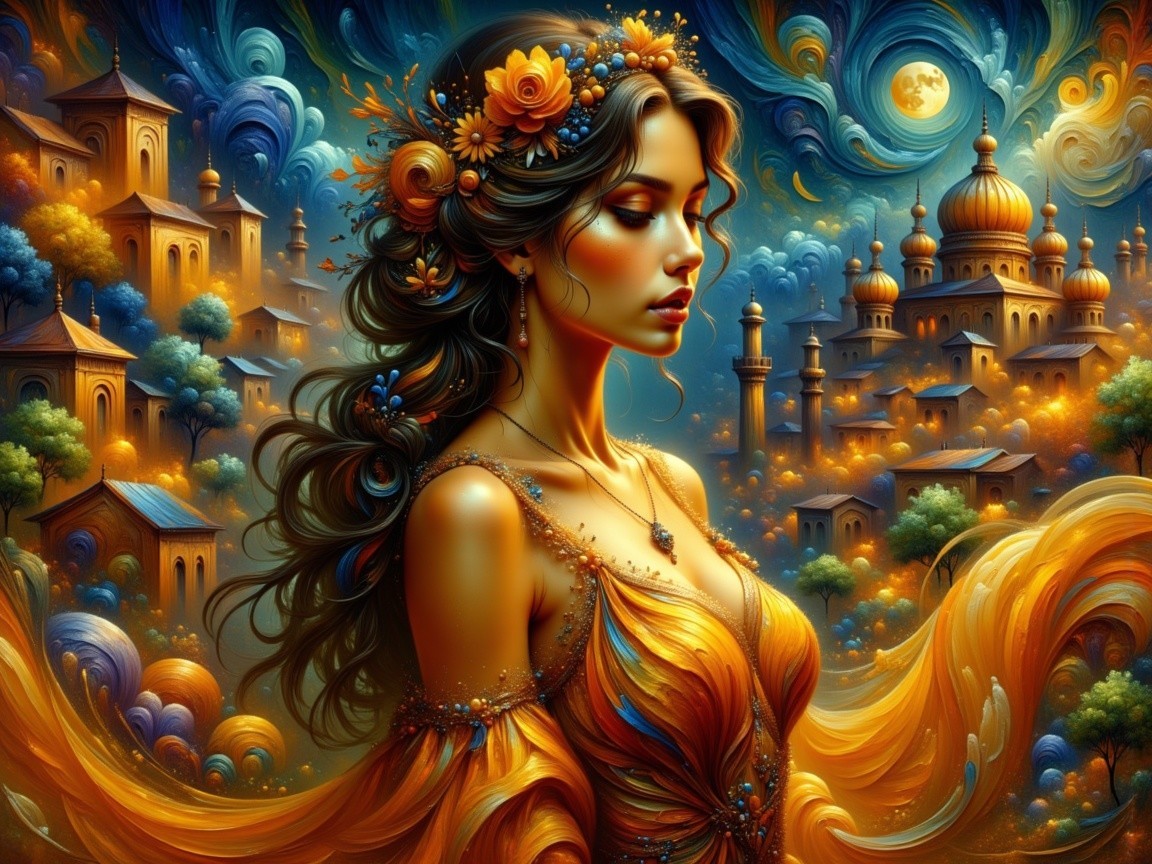 Adorned Woman Against Vibrant Night Sky and Cityscape