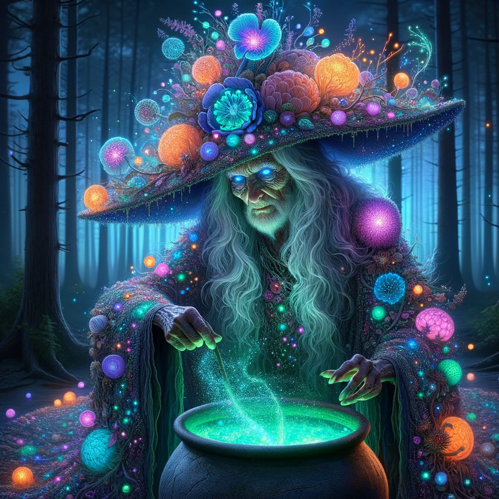 Elderly wizard in a mystical forest with glowing potion