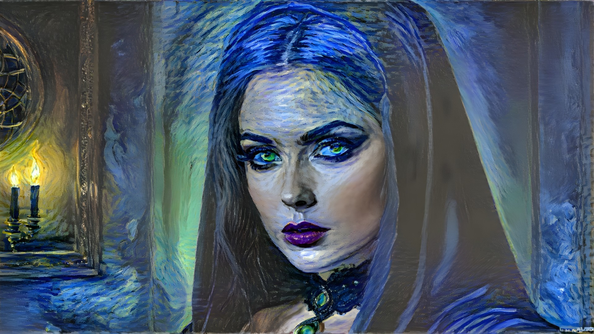 Mystical Woman with Green Eyes and Black Headdress