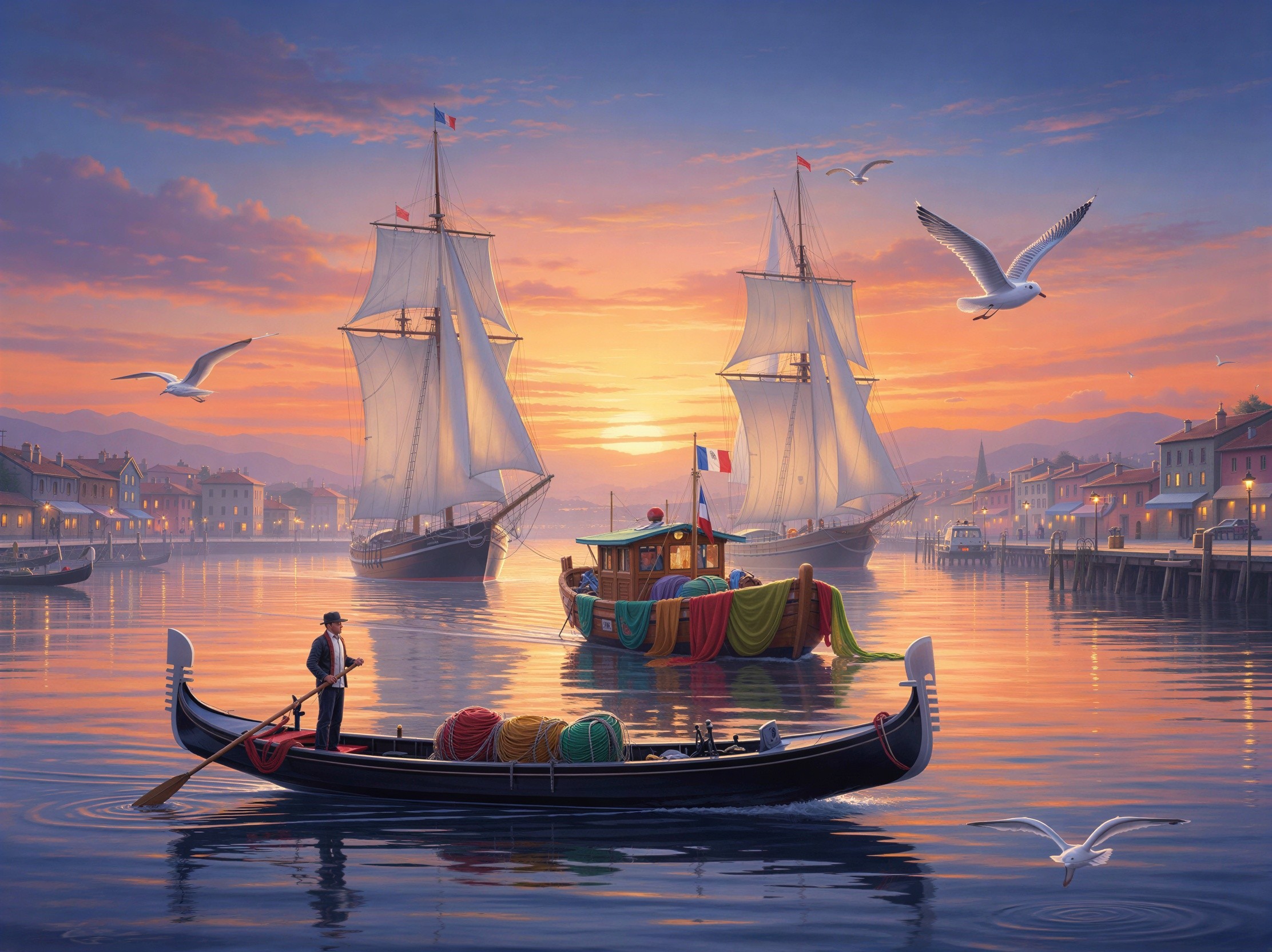 Harbor Scene at Sunset with Gondola and Boats