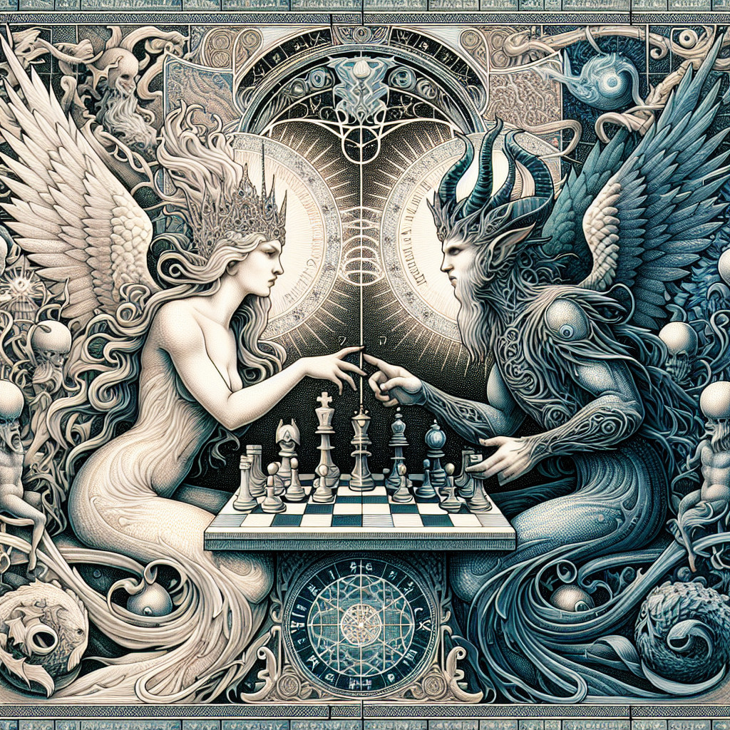 Mermaid and Regal Figure in Cosmic Chess Battle Scene
