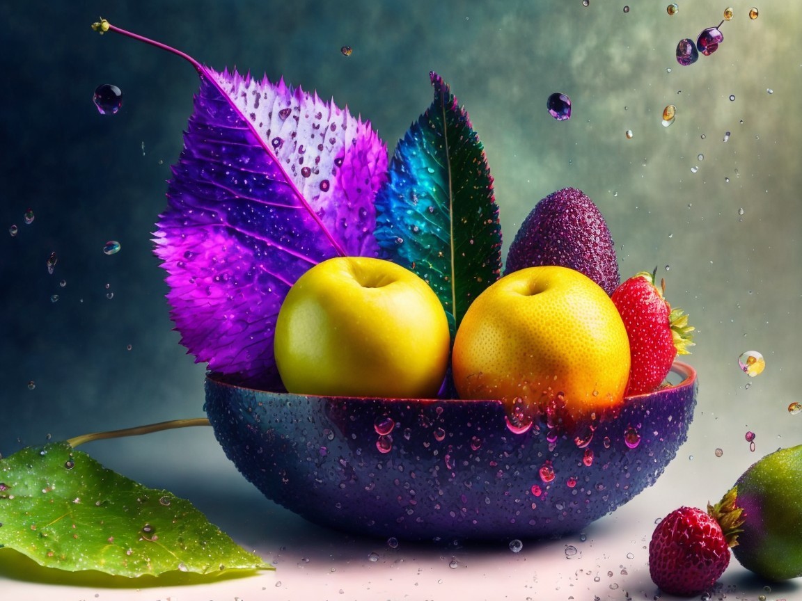 Vibrant Still Life of Fresh Fruit and Leaves